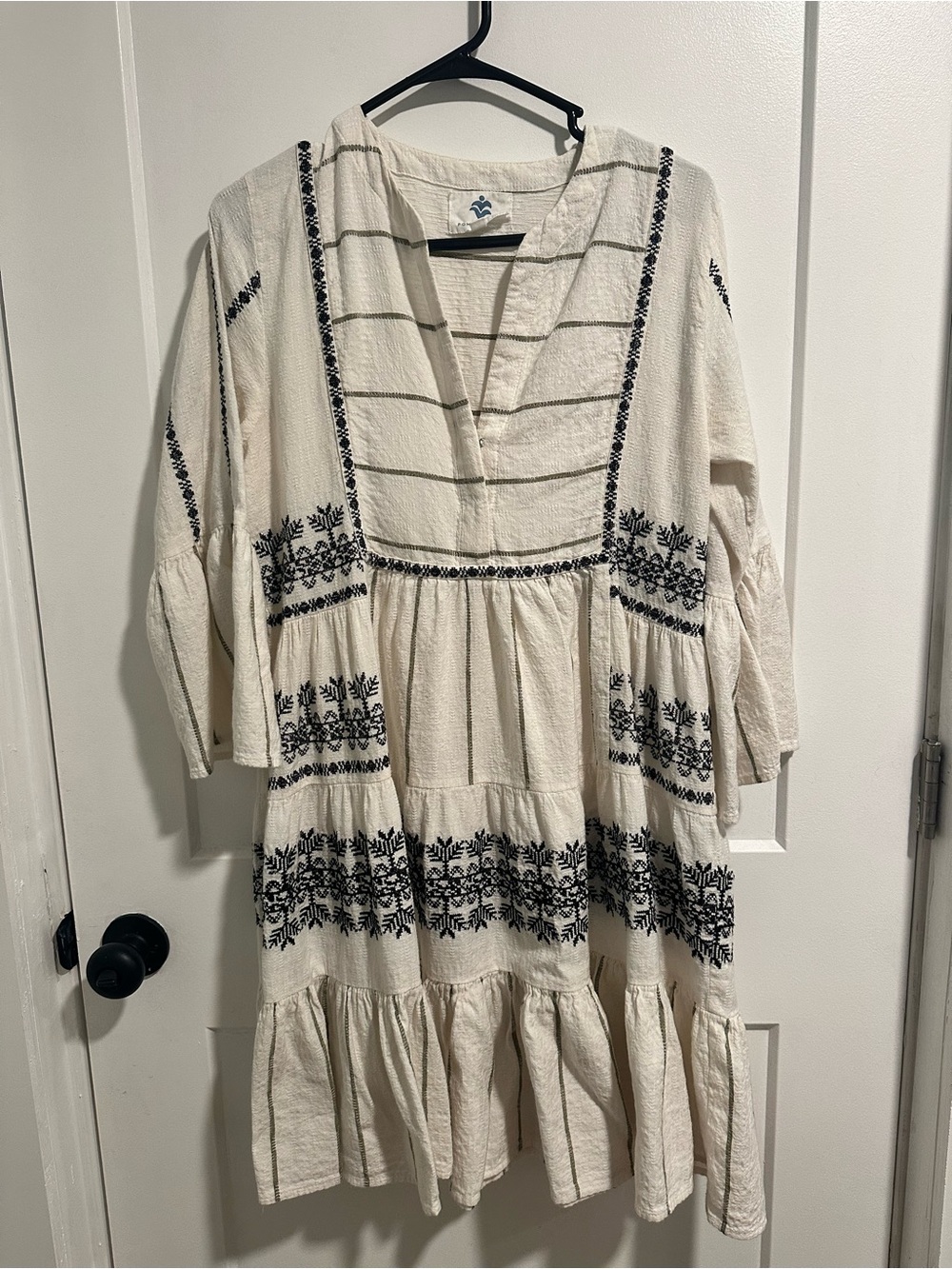 Embroidered Cream Midi Dress with Black Accent Detailing